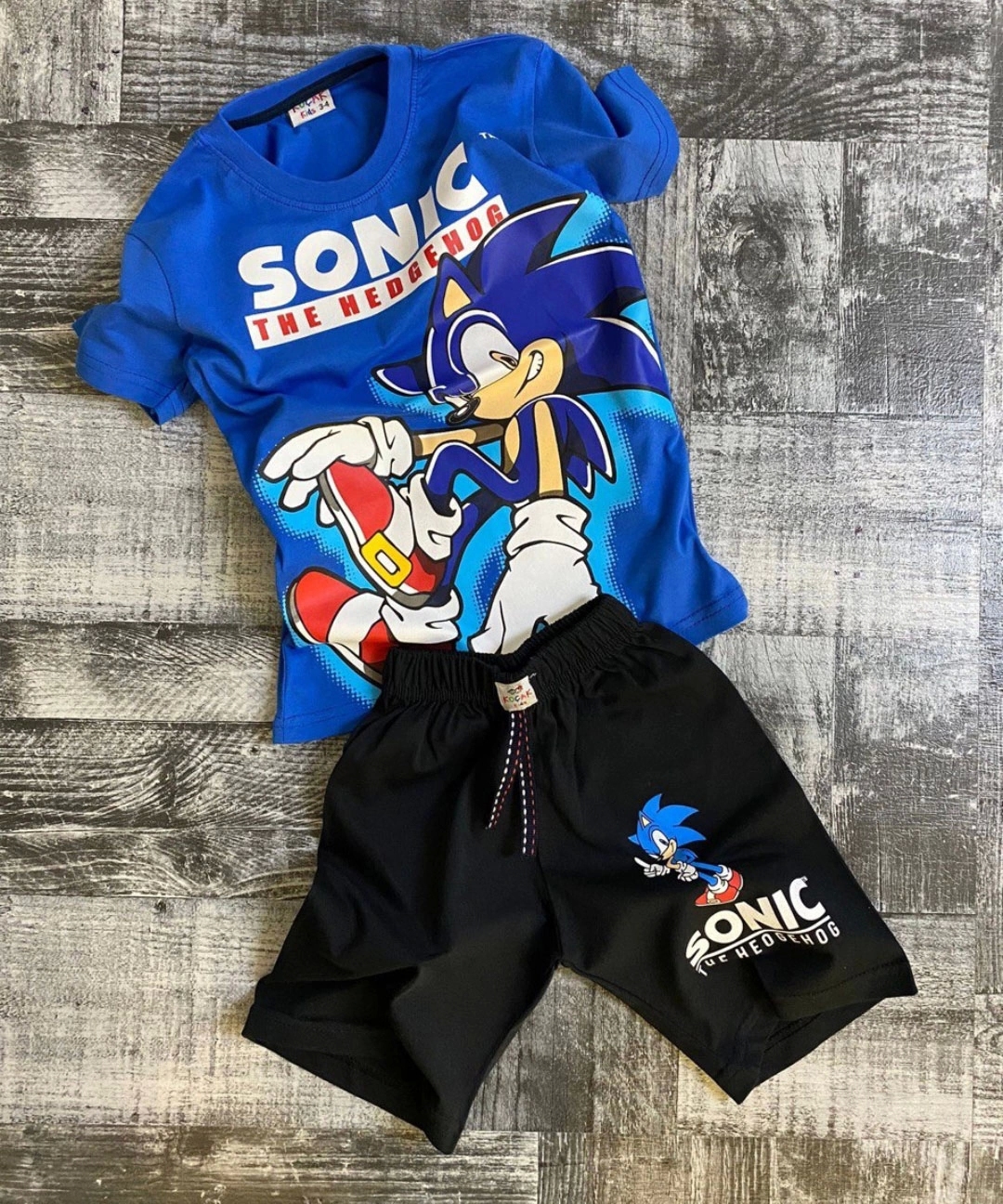 Sonic Desenli Mavi Renk Şortlu Takım