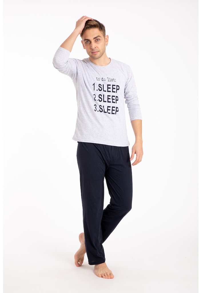 Erkek Baskılı Uzun Kol Pijama Takımı Tampap Sleep Gri