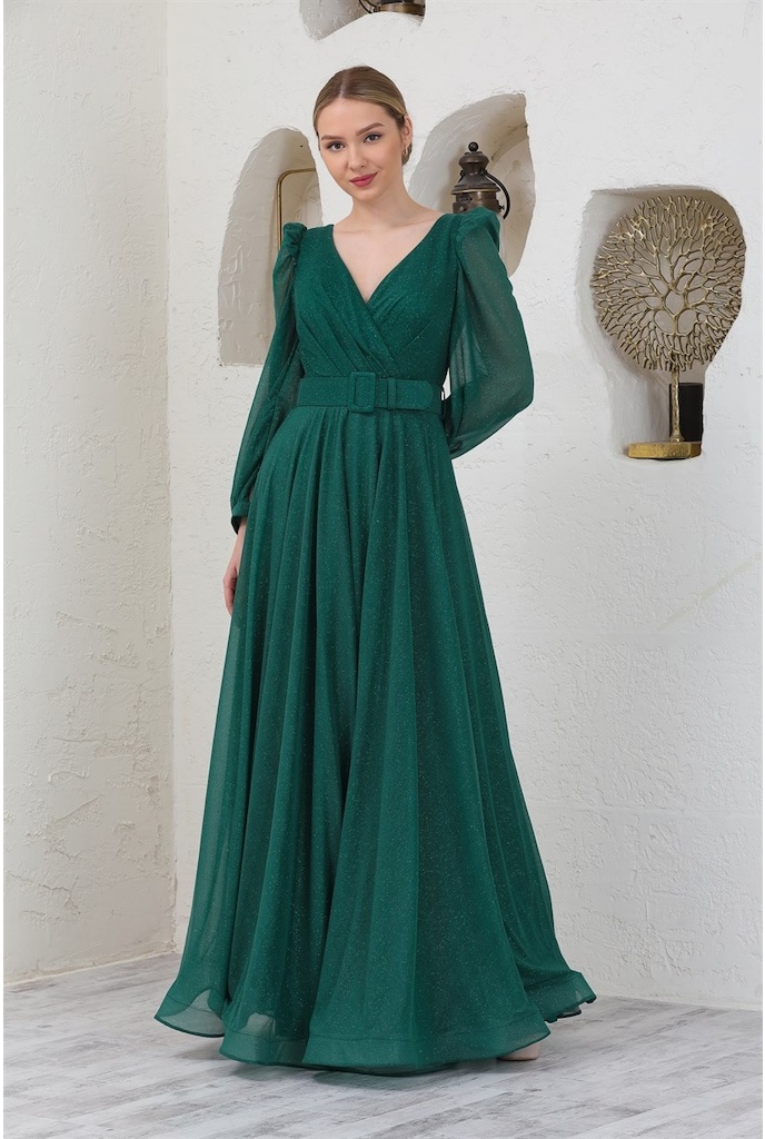 Yeşil Anvelop Yaka Uzun Abiye Elbise