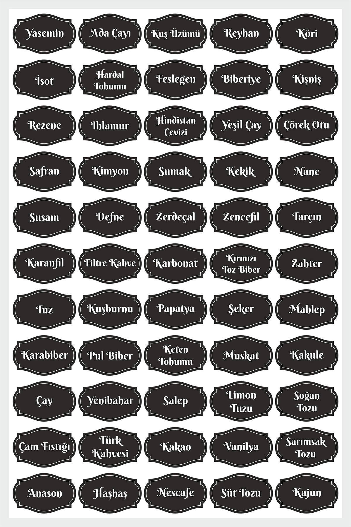Siyah 94 Adet Baharat Bakliyat Kuruyemiş Kavanoz Sticker Etiketi