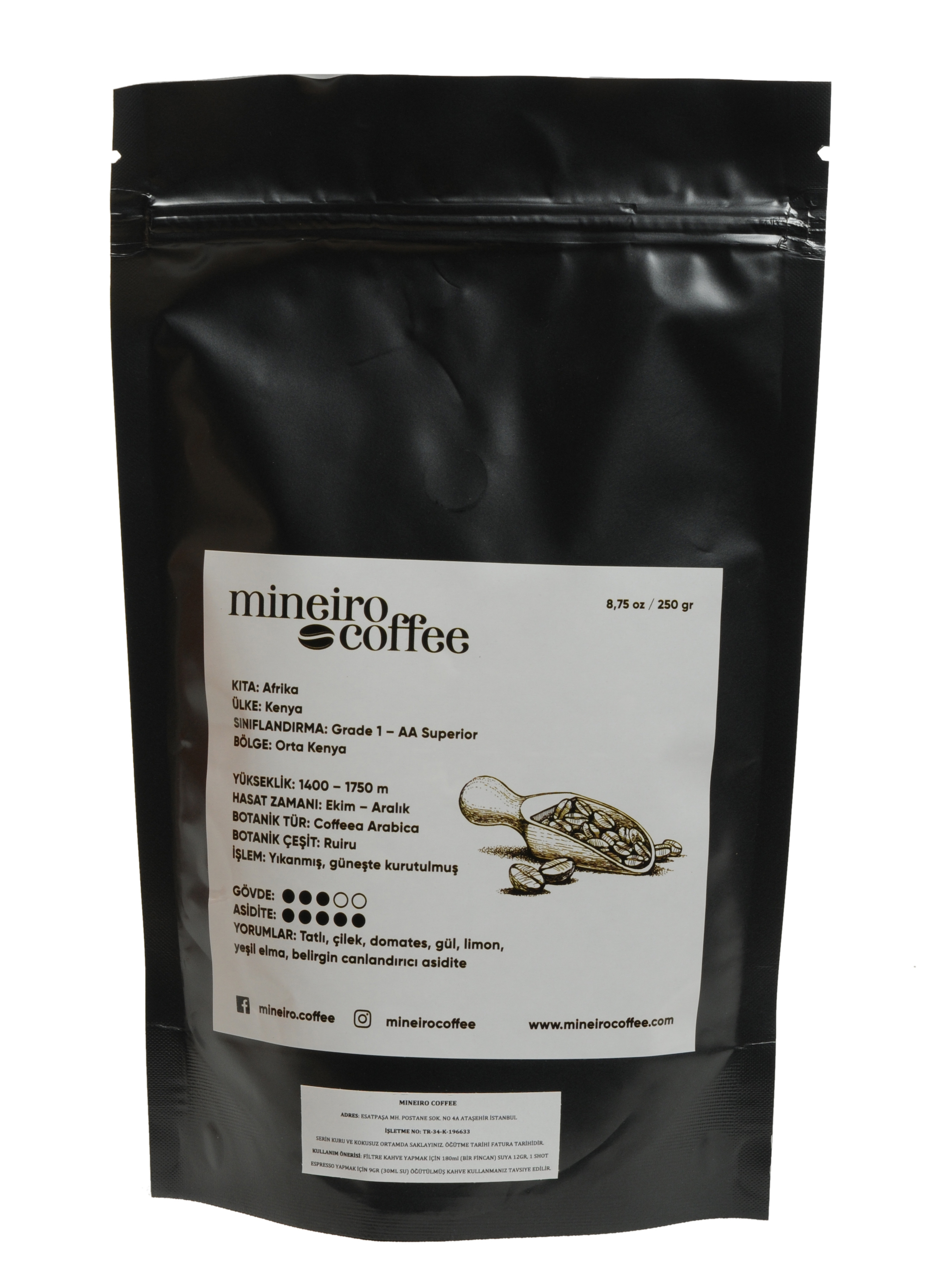 Mineiro Coffee Kenya AA+ Çekirdek Kahve 250 G
