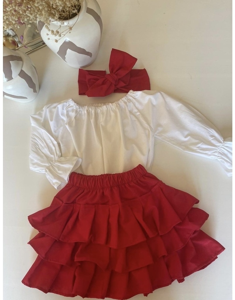 Kız Çocuk Fırfırlı Kırmızı Etek, Beyaz Bluz Ve Bandana Takım