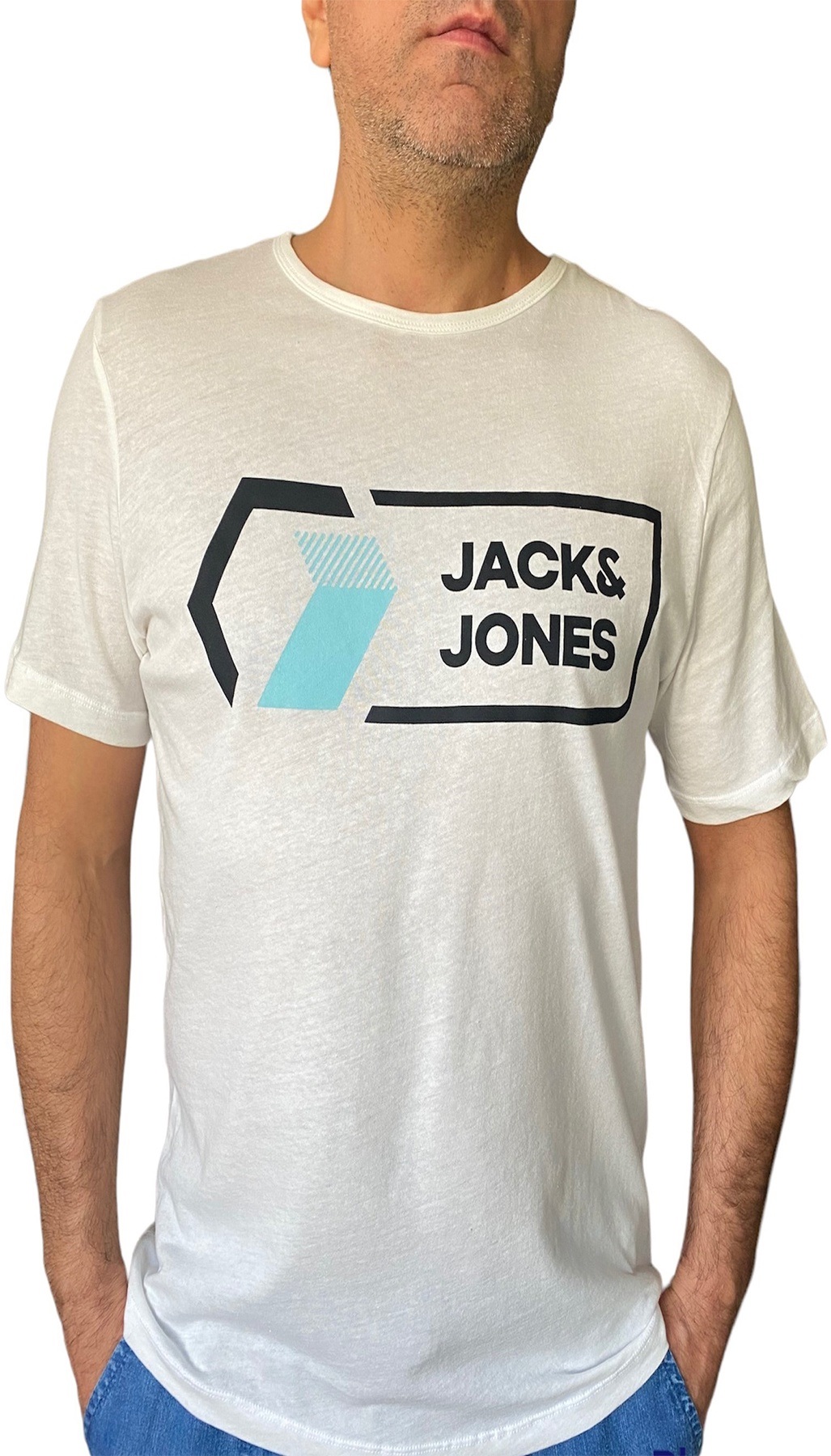 Unisex Beyaz Jack Jones Baskılı Bisiklet Yaka Tshirt