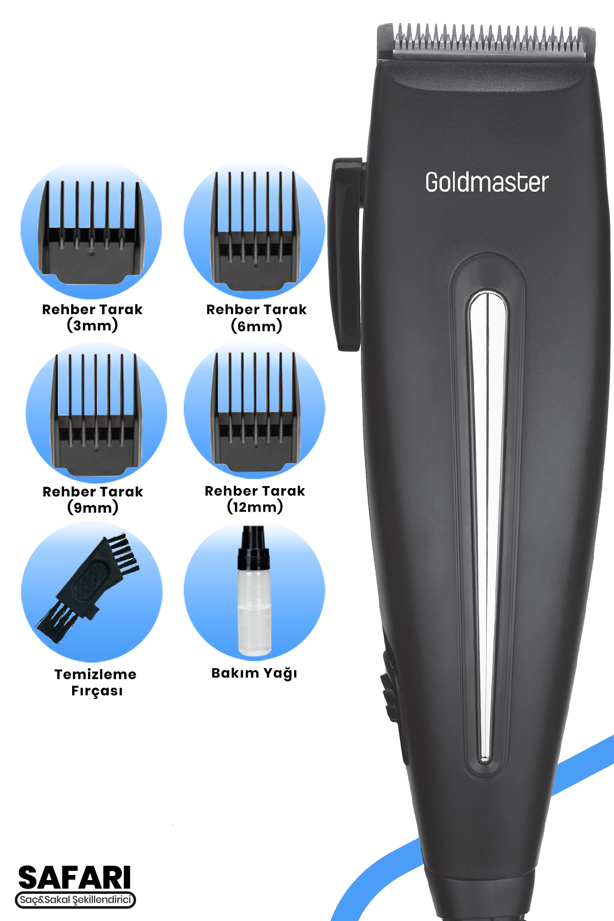 GoldMaster Safari Kablolu AC Güçlü Motor Ayarlanabilir Sessiz Saç Sakal Kesme Makinesi