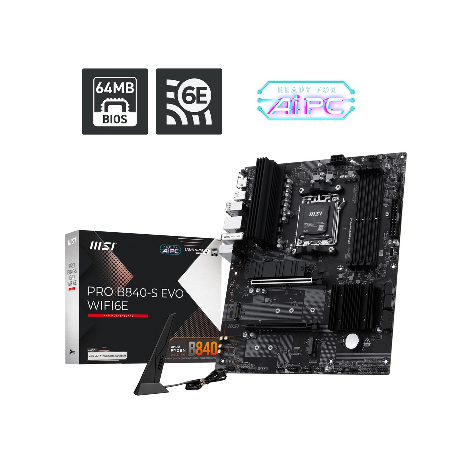 Msı Pro B840-s Evo Wıfı6e Am5 Ddr5 8000mhz Oc Hdmı 3x M.2 Usb 10gbs 2.5g Lan Wı-fı 6e Atx
