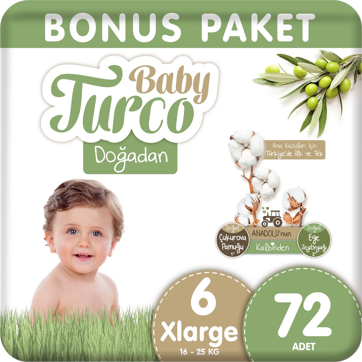 Baby Turco Doğadan Bebek Bezi 6 Numara Xlarge Bonus Paket 72 Adet