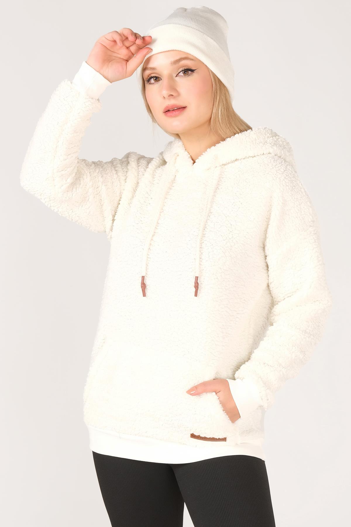 Giyim Dünyası Kapüşonlu Kanguru Cep Polar Kadın Sweatshirt Ekru