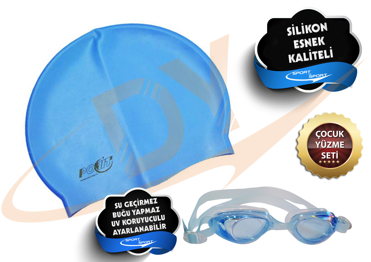 Çocuk Yüzücü Gözlüğü Ve Silikon Bone Set Mavi
