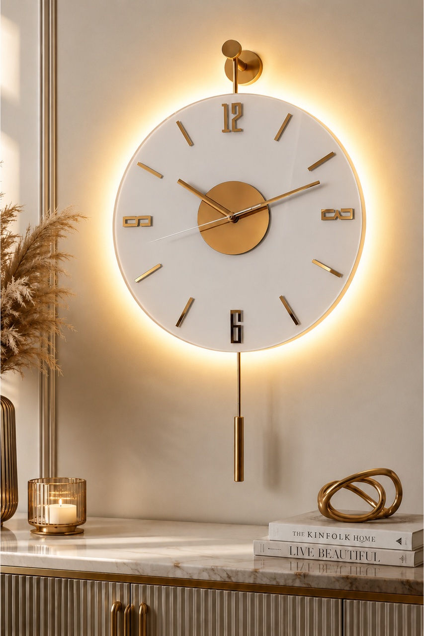 Meta Quartz Aksesuar Kardelen Gold Kristal Seri 30x55cm, pilli LED, modern Dekoratif Metal Duvar Saati — N11 ürün görseli