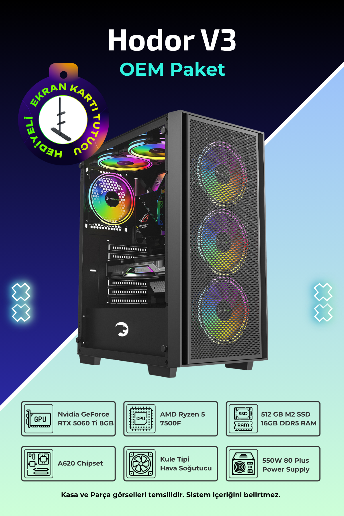IH Hodor V3 R5-7500F 16 GB 512 GB SSD 8 GB RTX5060Ti FreeDos Masaüstü Bilgisayar