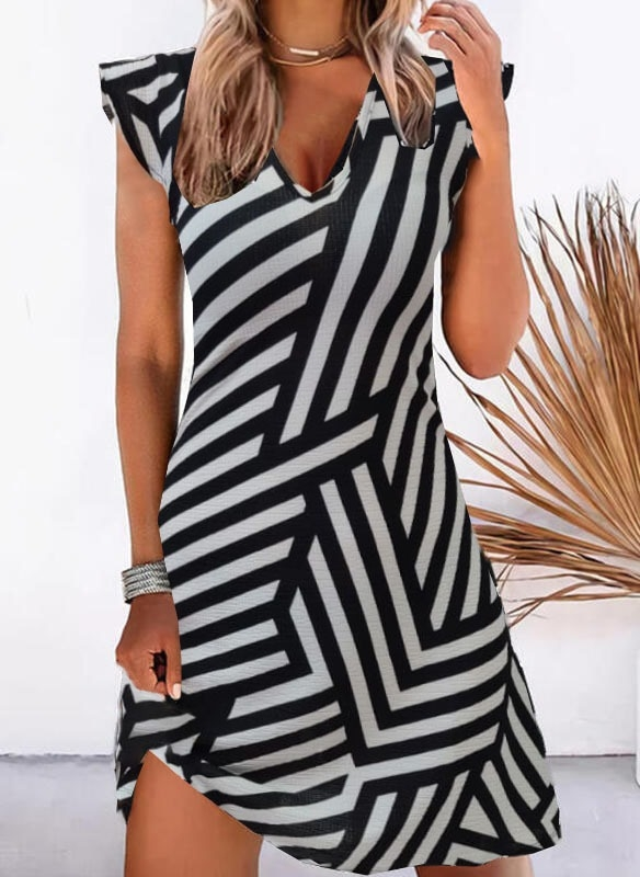 Kadın V Yaka Omuz Detay Geometrik Desen Gipeli Süprem Elbise 001