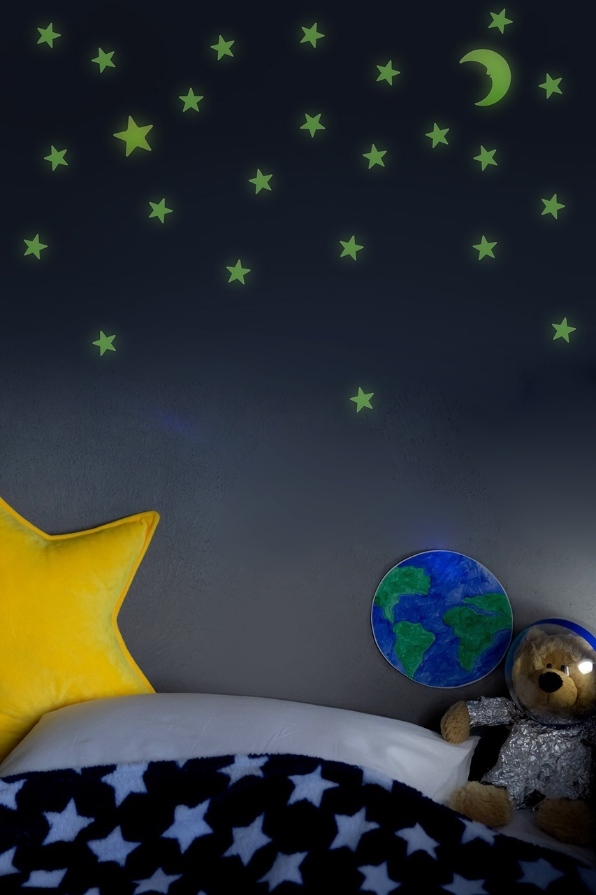 Artikel Fosforlu Mini Yıldız Büyük Yıldız ve Ay Yeşil Karanlıkta Parlar Çocuk Odası Sticker 36 Adet