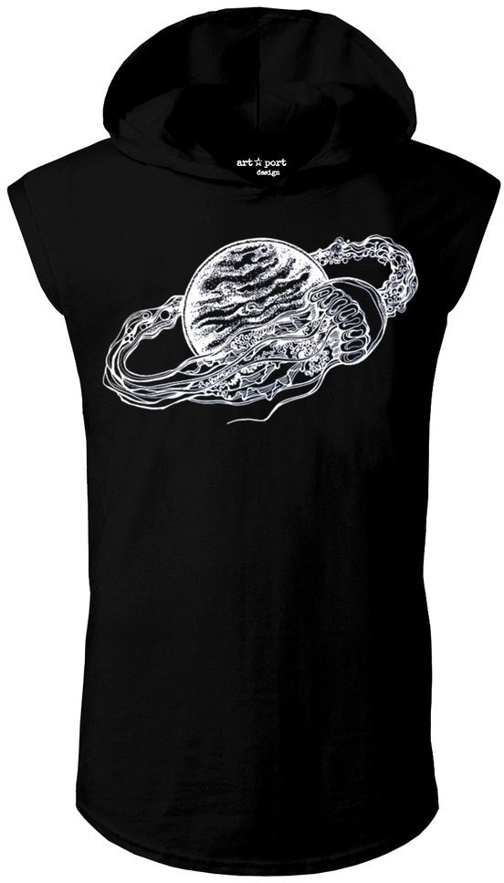 Unisex Satürn Tasarım Kapşonlu Kolsuz Siyah T-Shirt-Siyah