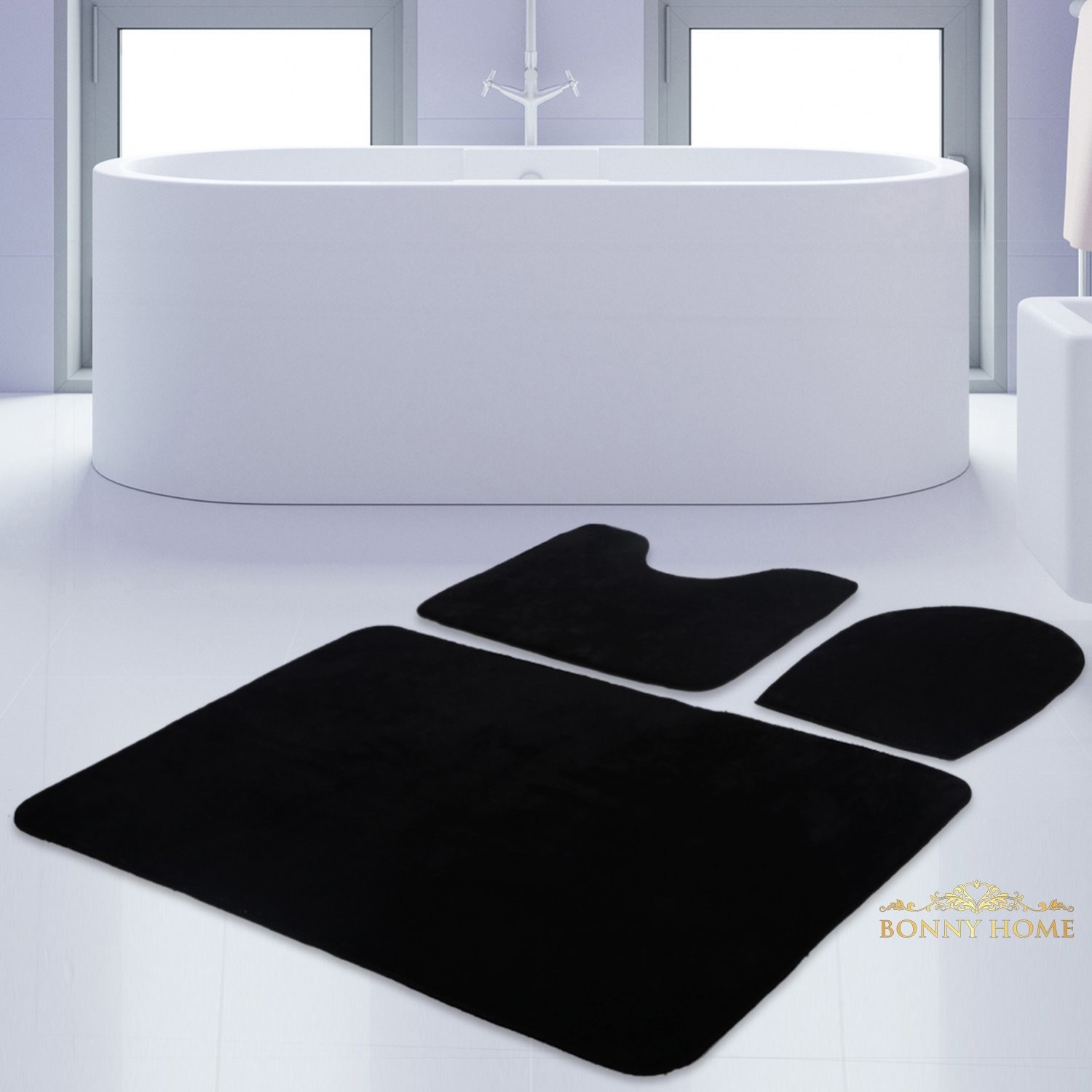 Unicolor Düz Siyah 3Lü Banyo Paspası Seti Kaymaz Klozet Takımı