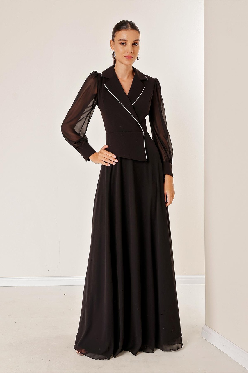 Kruvaze Yaka Taş Detaylı Astarlı Kol Ve Eteği Şifon Uzun Elbise Siyah-34015-siyah