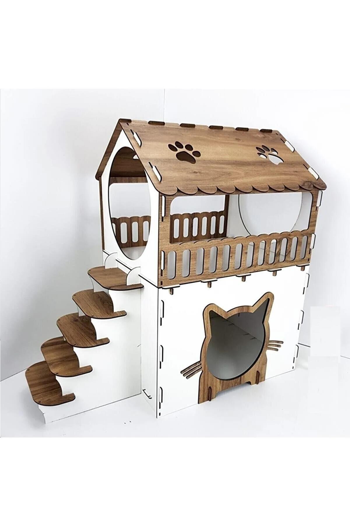 Dekoratif Ahşap Kedi Evi Teraslı 2 Katlı Merdivenli Kedi Evi 70 x 40 x 75 CM Beyaz - Kahverengi
