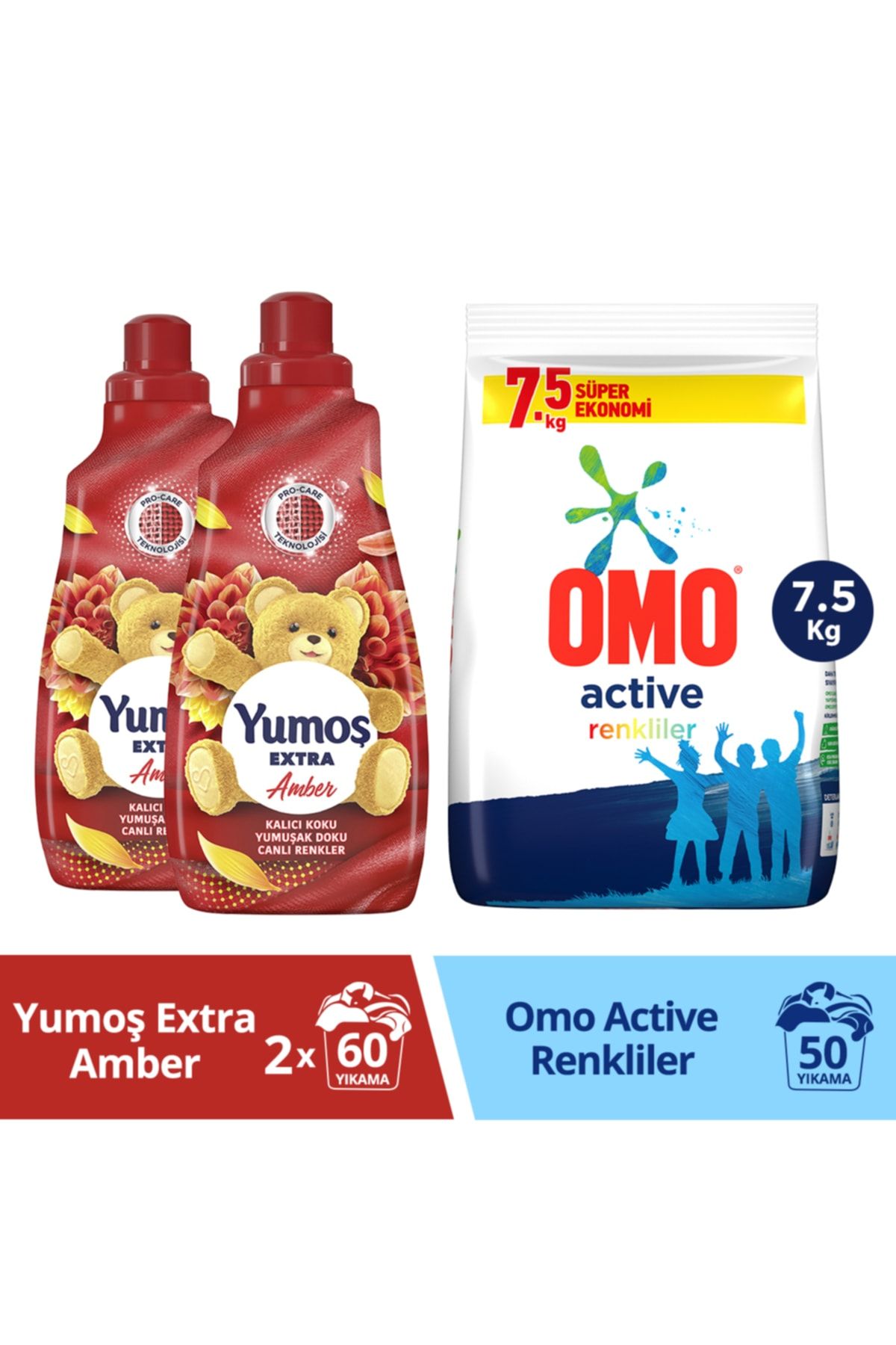 Yumoş Konsantre Çamaşır Yumuşatıcısı Amber 2 x 1440 ML + Omo Active Fresh Toz Deterjan 7.5 KG