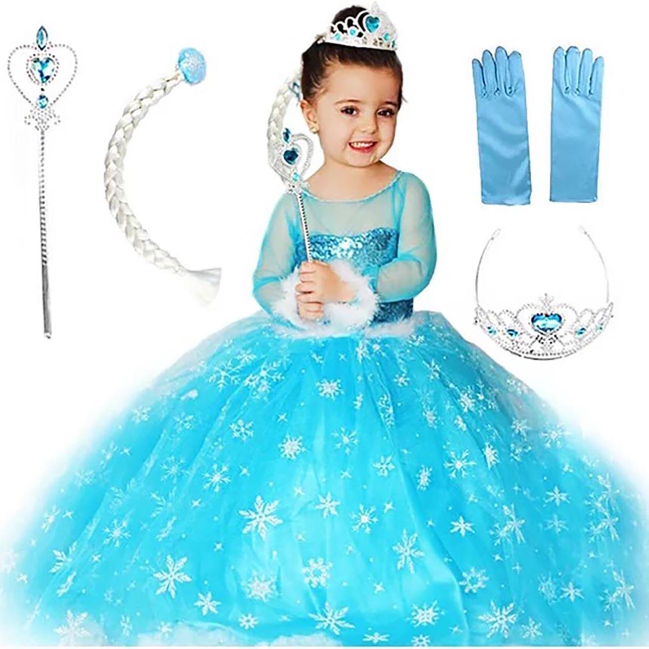 Kız Çocuk Elsa Kostümü - Frozen Simli Kostüm - Uzun Kollu Tarlata