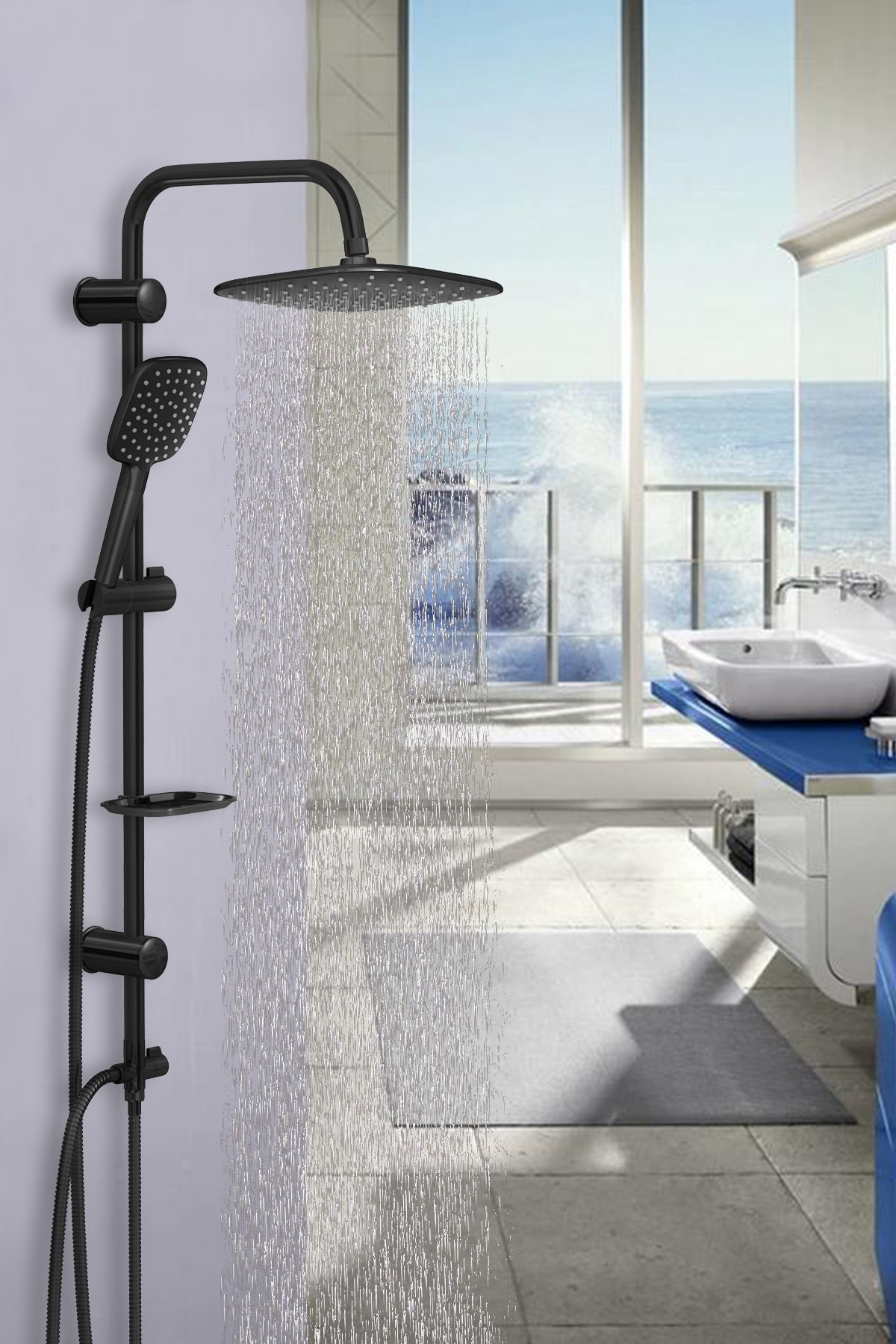 Valtemo Sürgülü Robot Rain Tepe Banyo Duş Seti Takımı Siyah