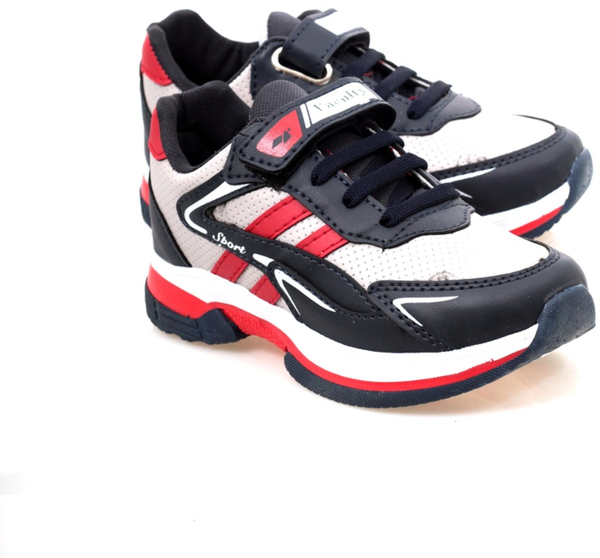 Gri - Lacivert - Kırmızı Cırtlı Çocuk Spor Ayakkabı