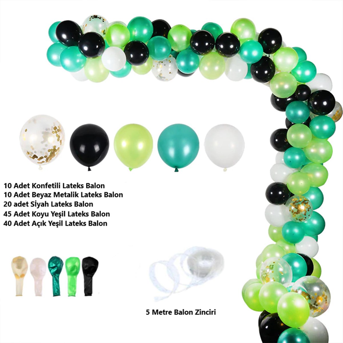 125 Adet Yeşil Siyah Kombin Balon Seti 5 Metre Balon Zinciri
