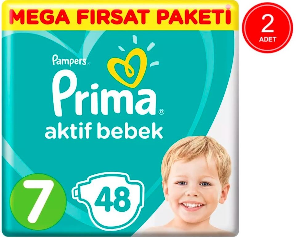 Prima Pampers Aktif Bebek Mega Fırsat Paketi Bebek Bezi 15+ KG 7 Beden 2 x 48 Adet