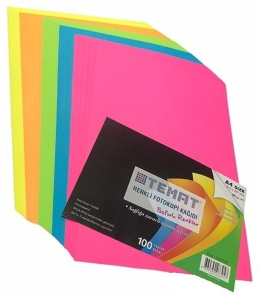 Temat Renkli Fotokopi Kağıdı Fosforlu Renkler 100'lü
