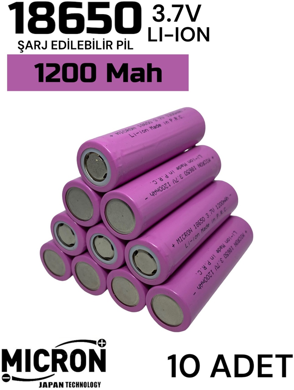 10 Adet 18650 Lityum Pil Batarya 1200 Mah Amper 3.7 V