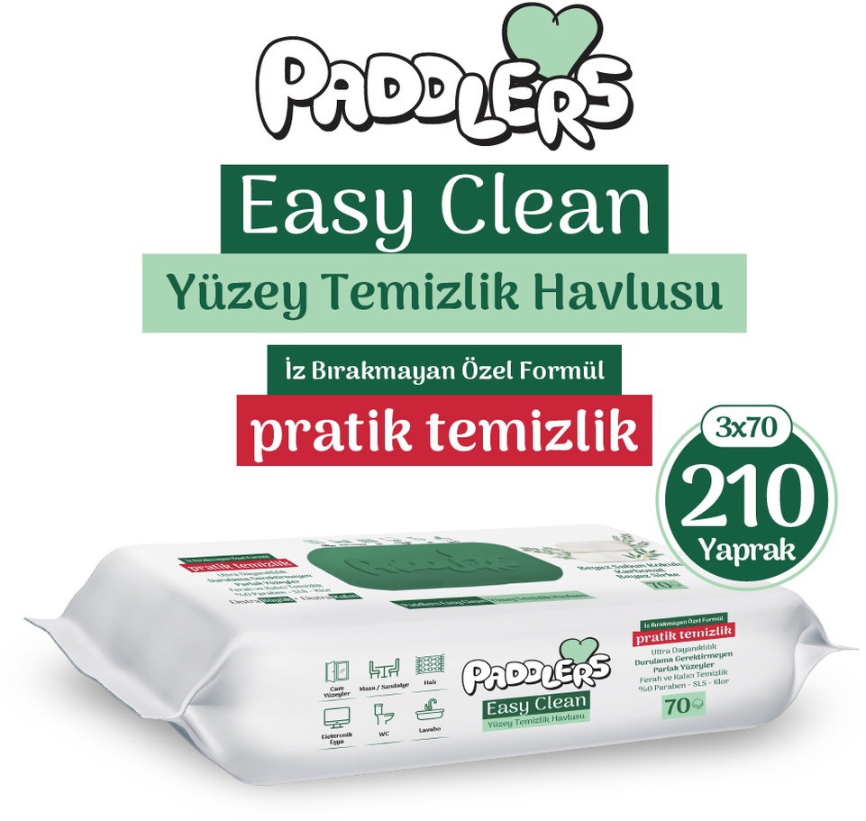 Paddlers Easy Clean Beyaz Sabun Katkılı Yüzey Temizlik Havlusu 3 x 70'li