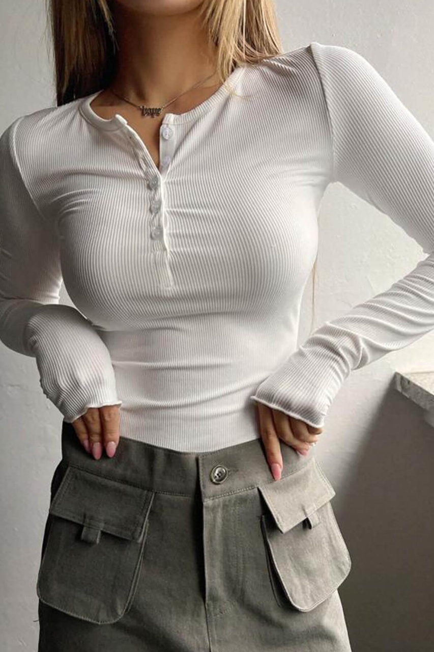 Kadın Beyaz Düğme Detaylı Patlı Düğmeli Bisiklet Yaka Uzun Kollu Fitilli Kaşkorse Bluz Body-beyaz