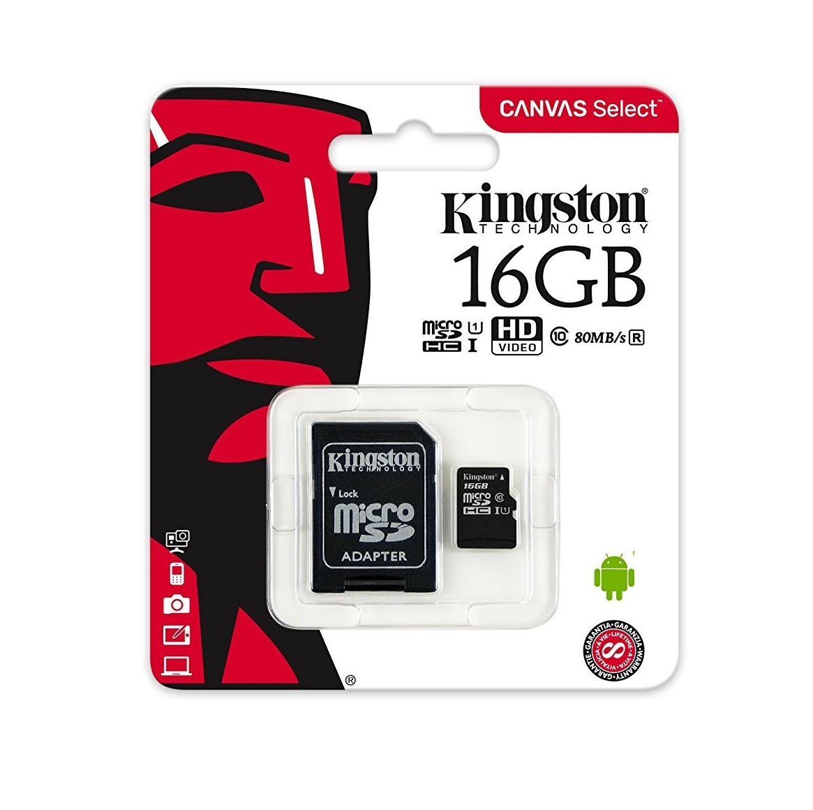 Kingston SDCS/16GB 16 GB MicroSDHC Class 10 UHS-I Hafıza Kartı + Adaptör