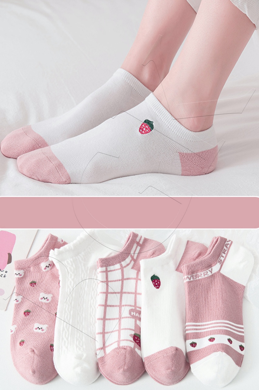 5 Çift Pembe Çilek Desenli Kısa Çorap BGK-PB0633-6-Çok Renkli