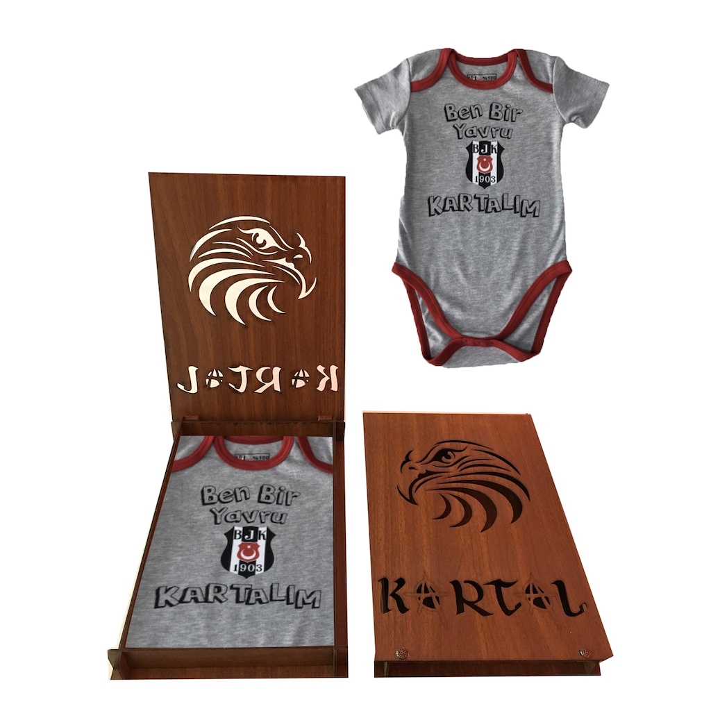 Beşiktaş Bebek Kısa Kol Body Gri Yazı Ve Logo Detaylı Ahşap Kutul