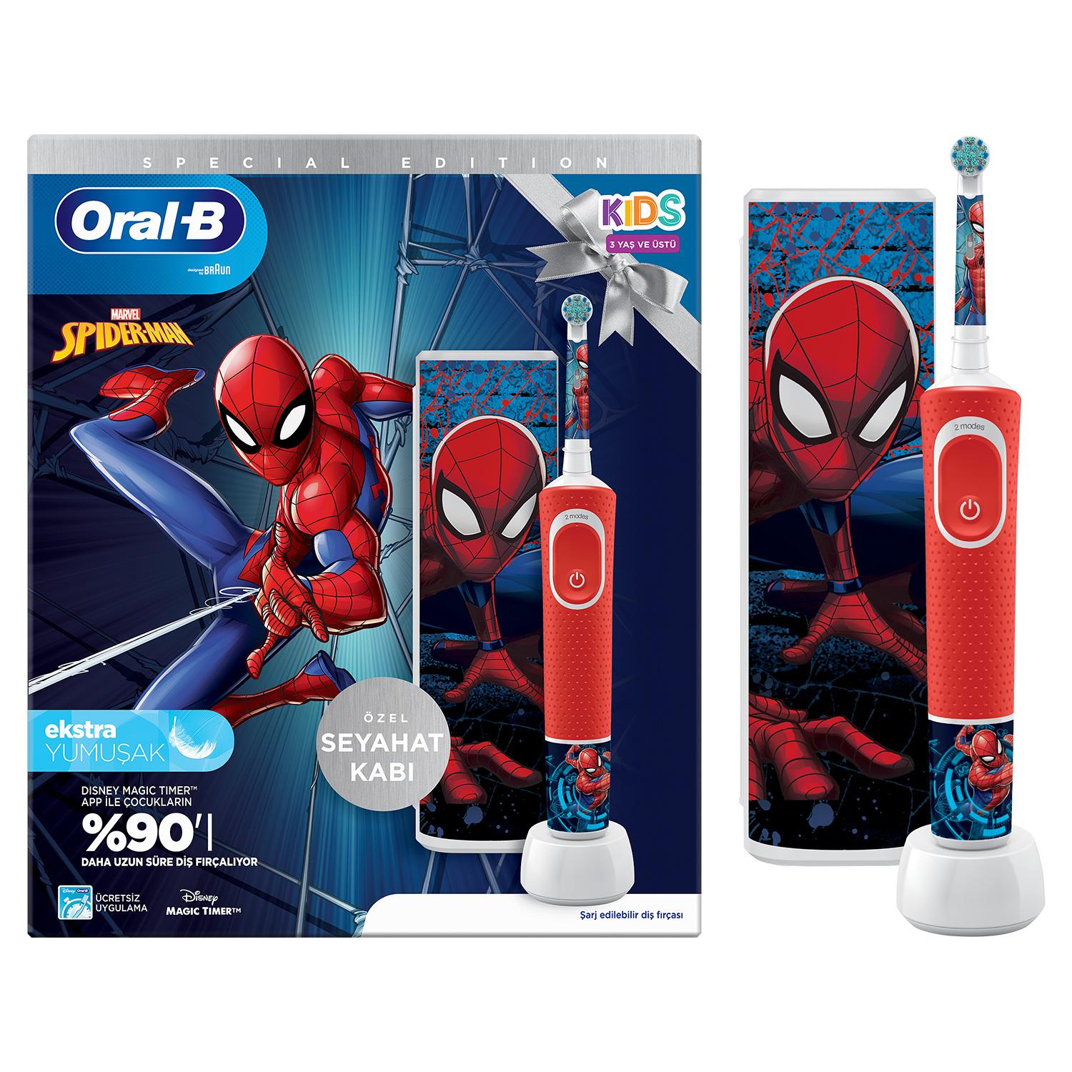 Oral-B D100 Vitality Spiderman Özel Seri Çocuklar İçin Ekstra Yumuşak Şarj Edilebilir Diş Fırçası + Seyahat Kabı