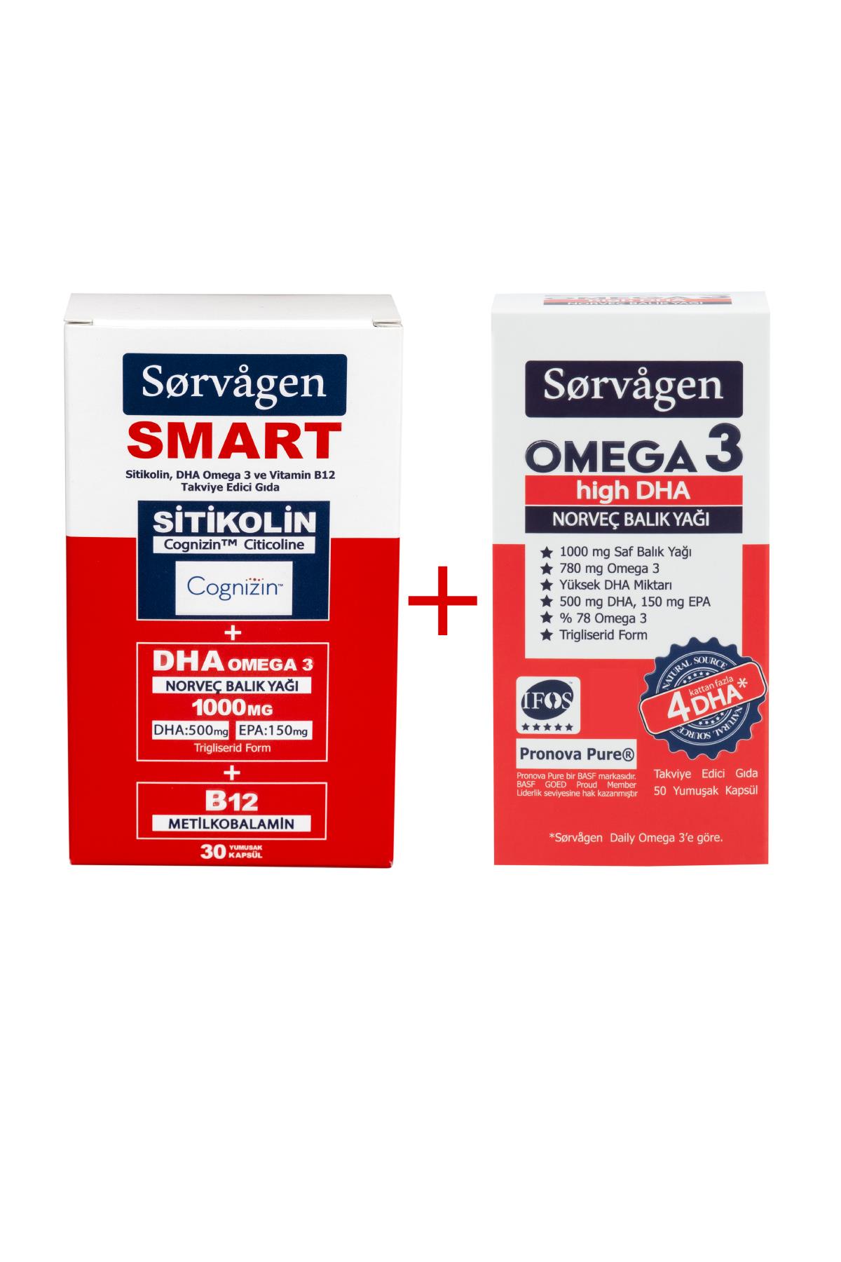 Sorvagen Smart Sitikolin DHA Omega 3 B12 30 Kapsül + Sorvagen Omega 3 High DHA Norveç Balık Yağı