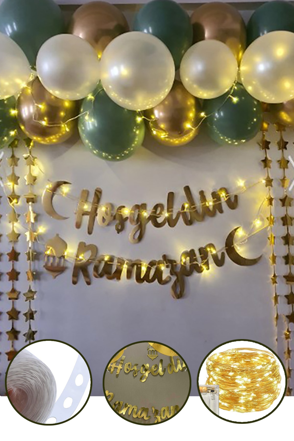 Hoşgeldin Ramazan 11 Ayın Sultanı Gold Yazılı Ledli Zincir Balon Seti