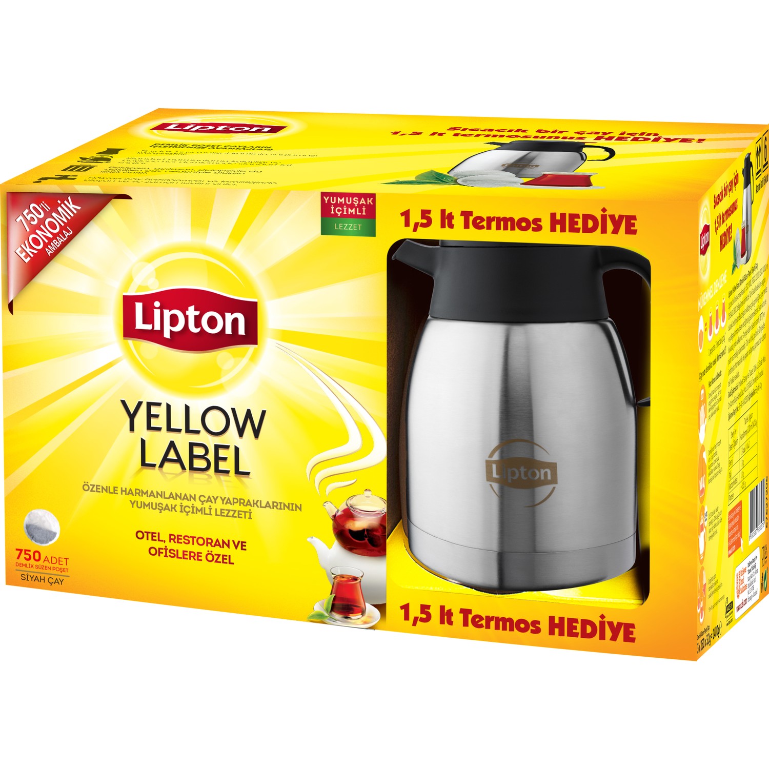Lipton Yellow Label Siyah Demlik Poşet Çay 750'li + Hediye 1.5 L Termos