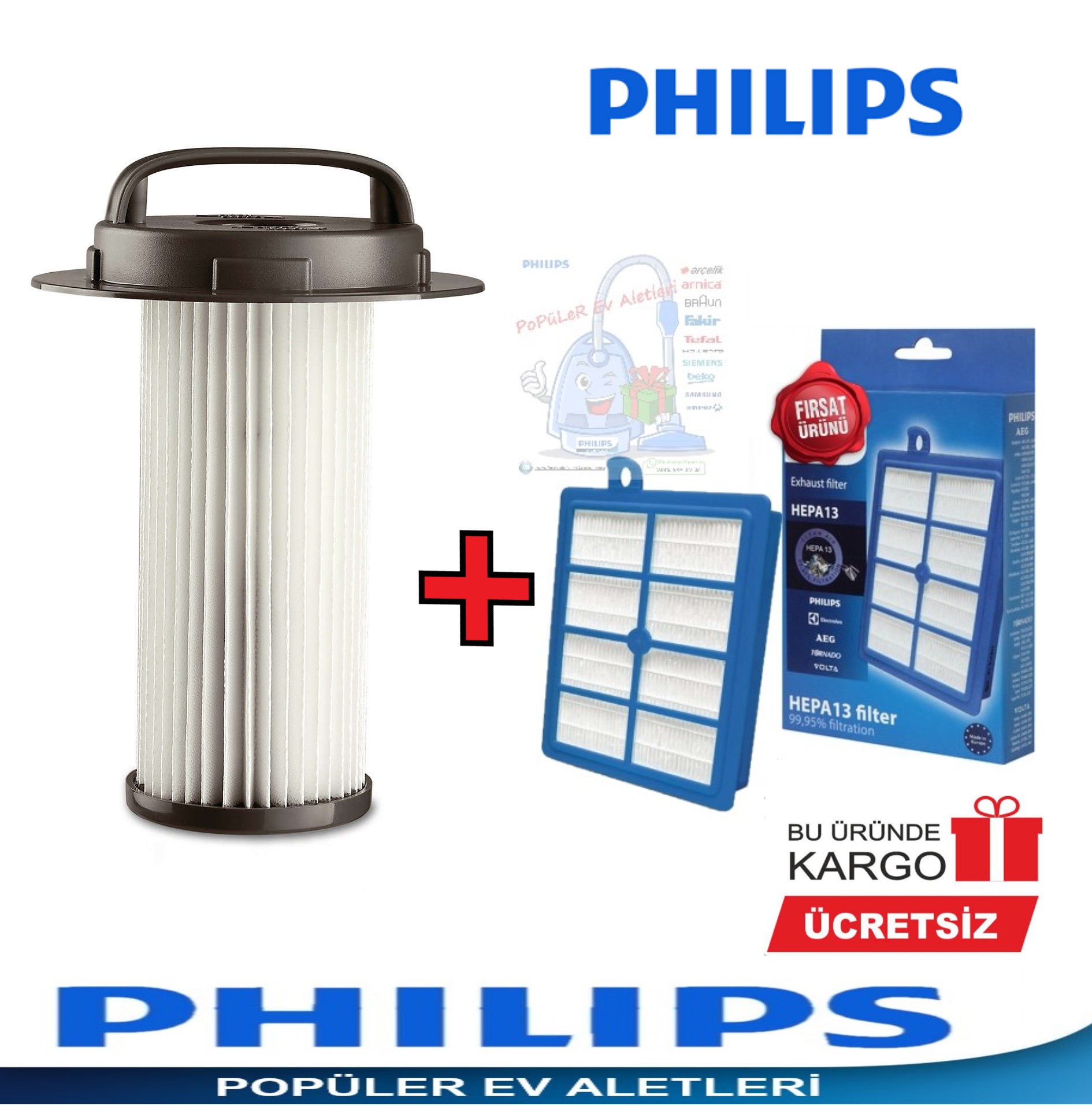 Philips Uyumlu Fc 9202 Marathon Hepa 13 Filtre Ve Silindirik Filtre Seti