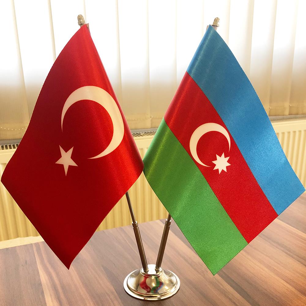 Azeybaycan-Türkiye Masa Bayrağı Krom Direkli İkili Bayrak