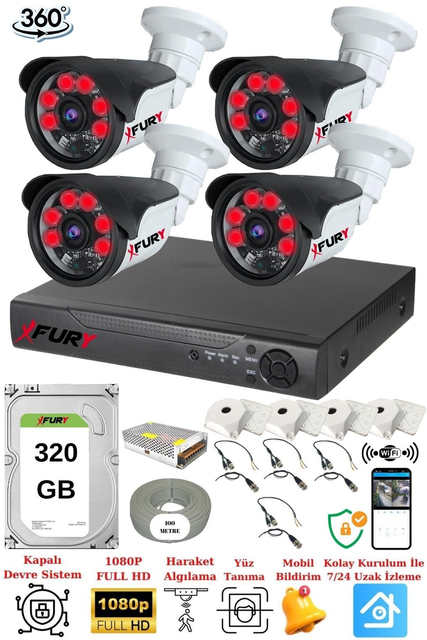 Fury 4 Kameralı 5MP Lensli 1080P 2MP Görüntü 6 Atom Gece Görüşlü Full HD Güvenlik Kamerası Sistemi 320 GB