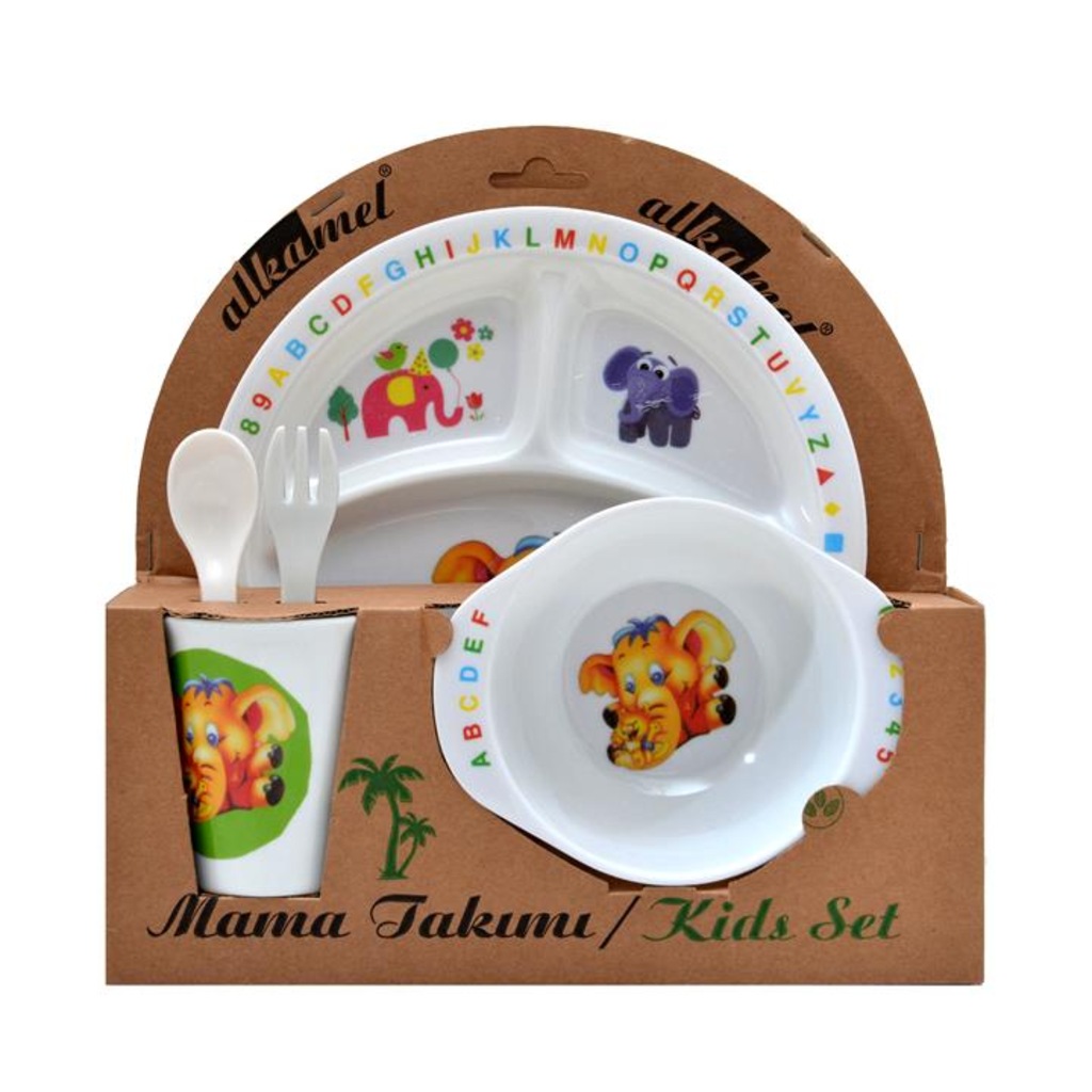 Fil Melamin Bebek Mama Yemek Tabağı Kabı Bardak Kaşık 5Li Set