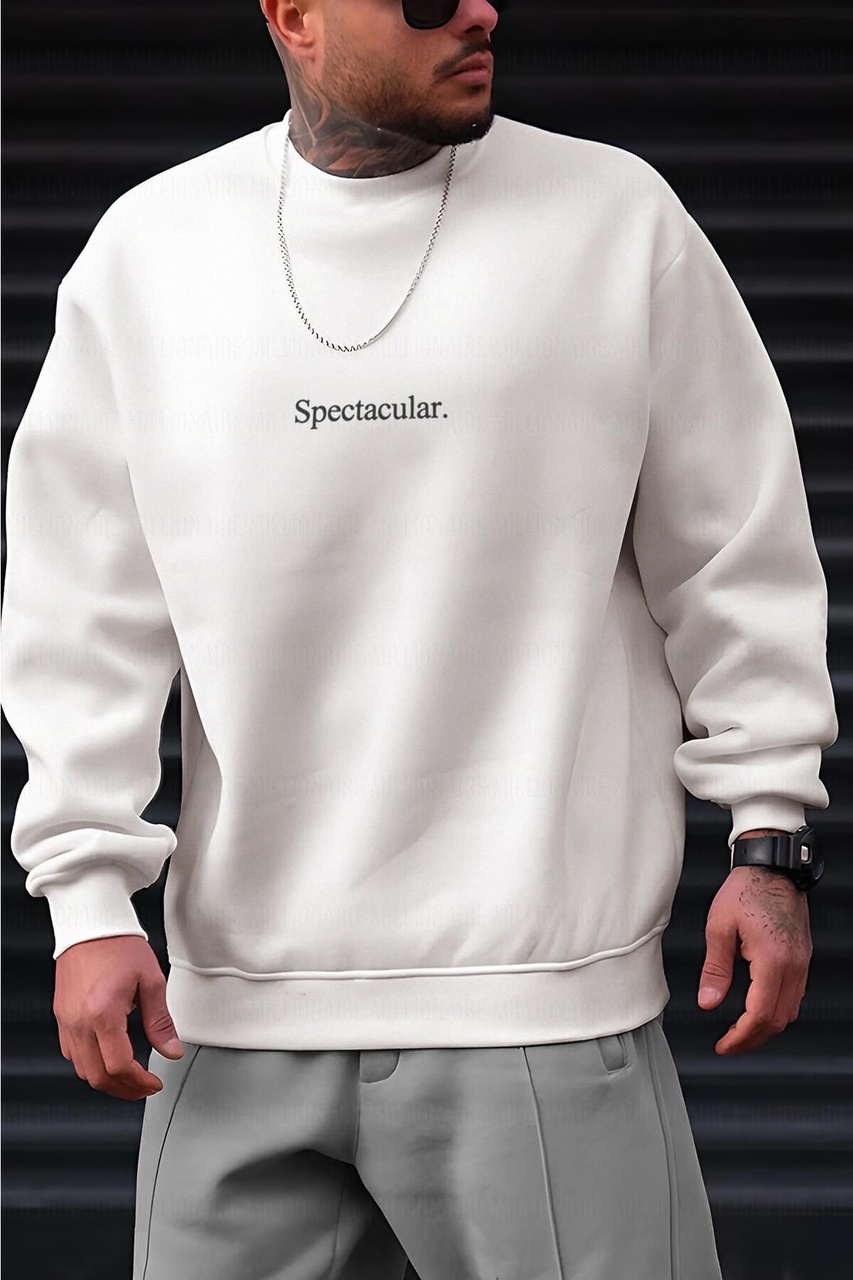 Erkek Kırık Beyaz Krem Ekru Spectacular Baskılı 0 Sıfır Yaka Oversize Salaş Bol Kesim Polar Sweatshirt-ekru