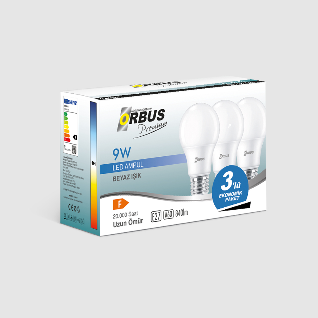 Orbus Premium Led Ampul 9w 3lü Paket Beyaz Işık E27 840lm