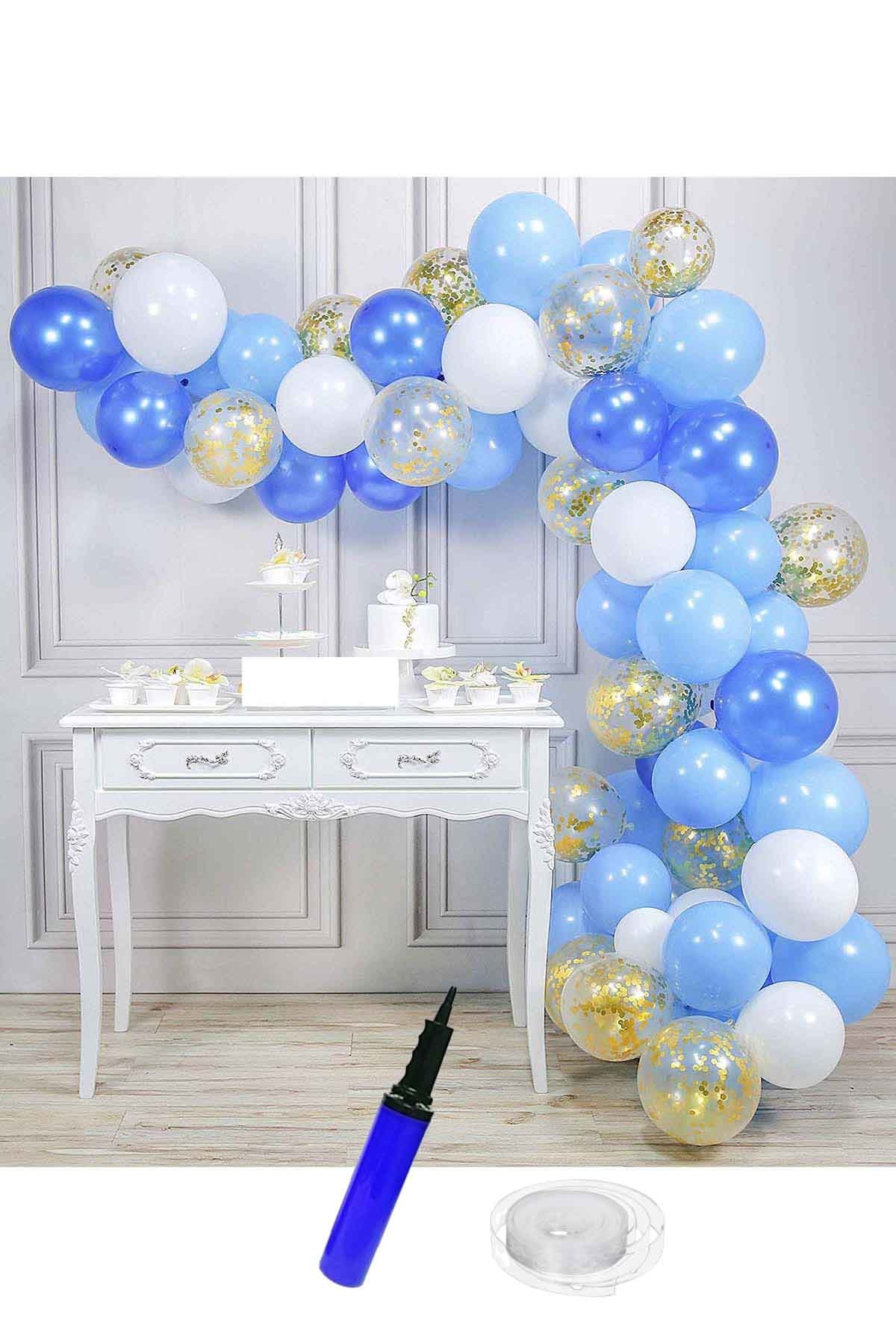 Beyaz-Açık Mavi-Lacivert-Altın Konfetili Şeffaf Doğum Günü Balon