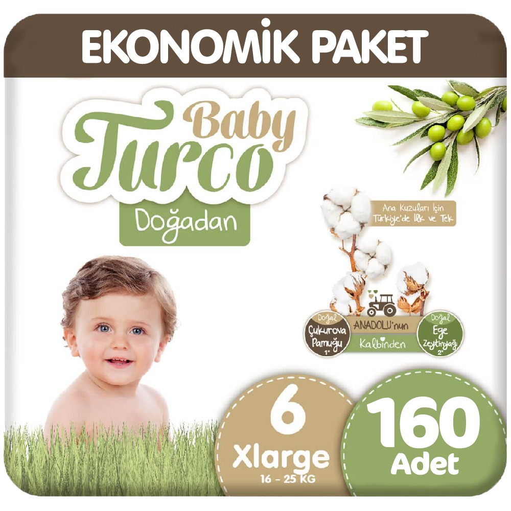 Baby Turco Doğadan Bebek Bezi 6 Numara Xlarge Ekonomik Paket 5 x 32 Adet