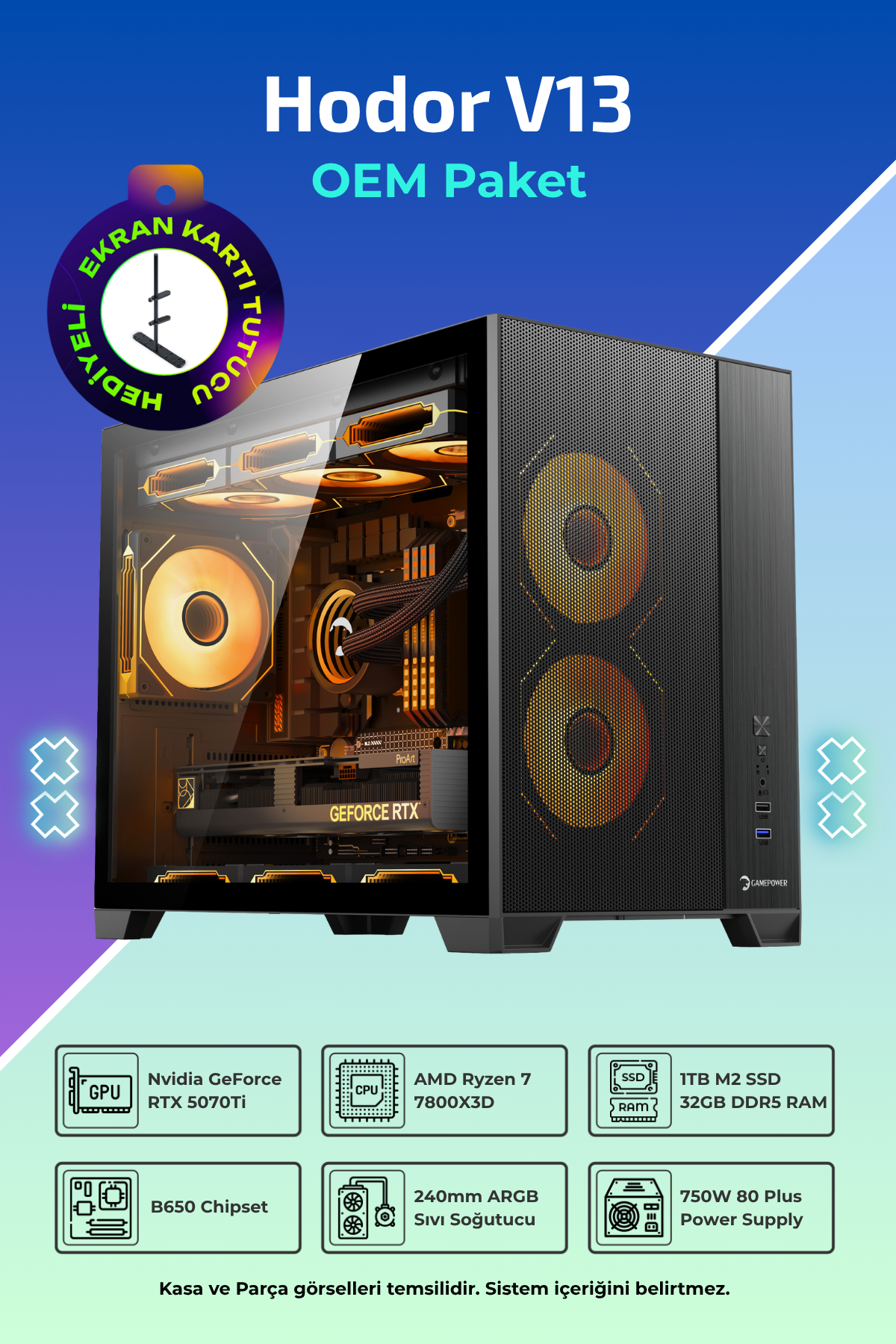 IH HODOR V13 R7-7800X3D 32 GB 1 TB AMD Radeon RX 9060 XT Free Dos Masaüstü Oyuncu Bilgisayarı