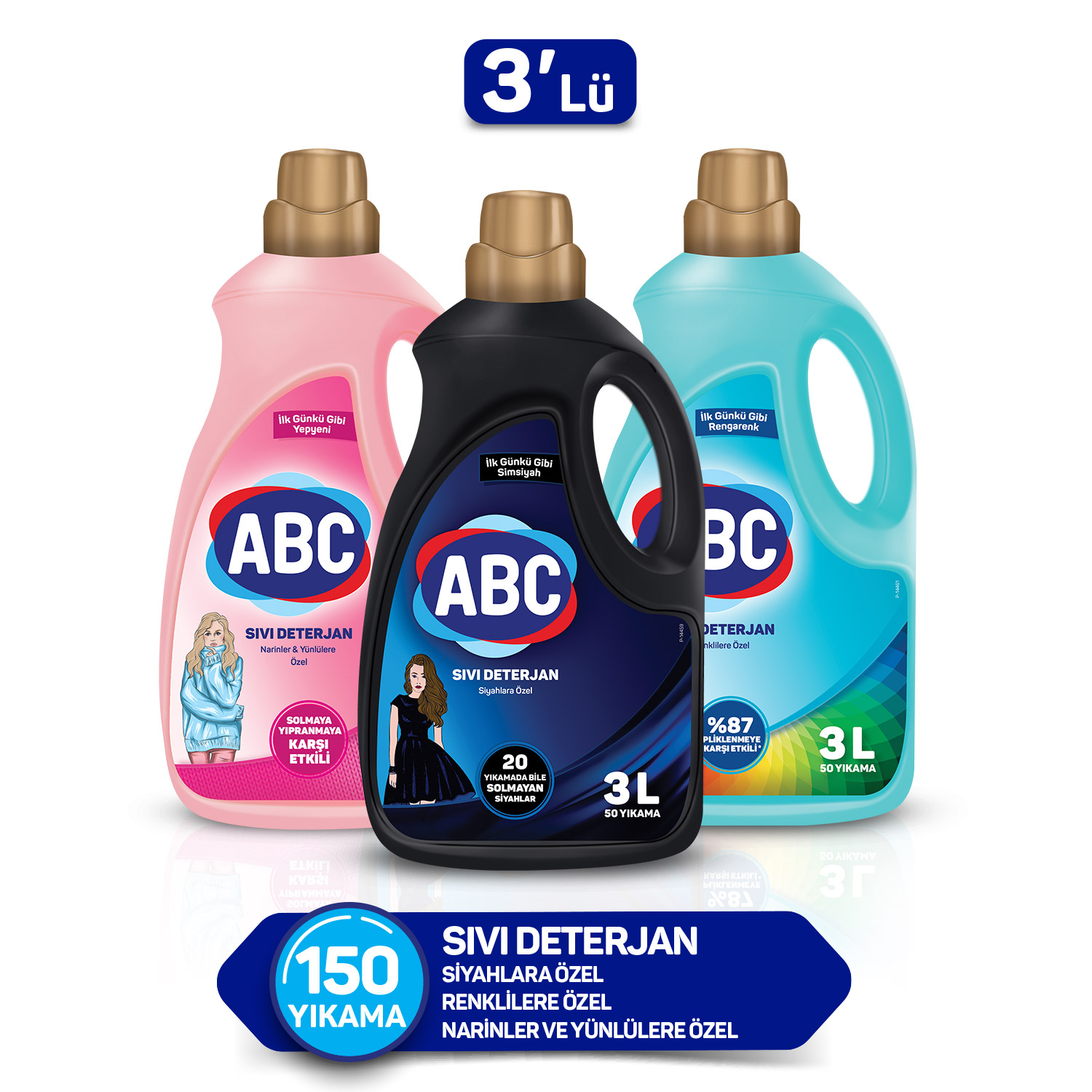 ABC Sıvı Çamaşır Deterjanı Bakım Seti Siyahlar + Renkliler + Narinler ve Yünlüler 50 Yıkama 3 x 3 L