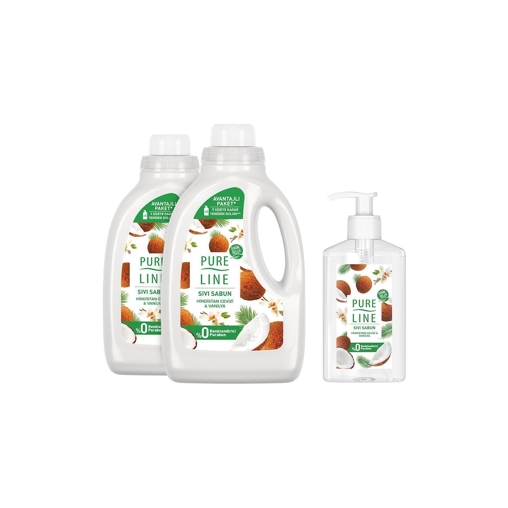 Pure Line Doğal Özler Hindistan Cevizi & Vanilya Sıvı Sabun 1400 ML x 2 + Sıvı Sabun 280 ML