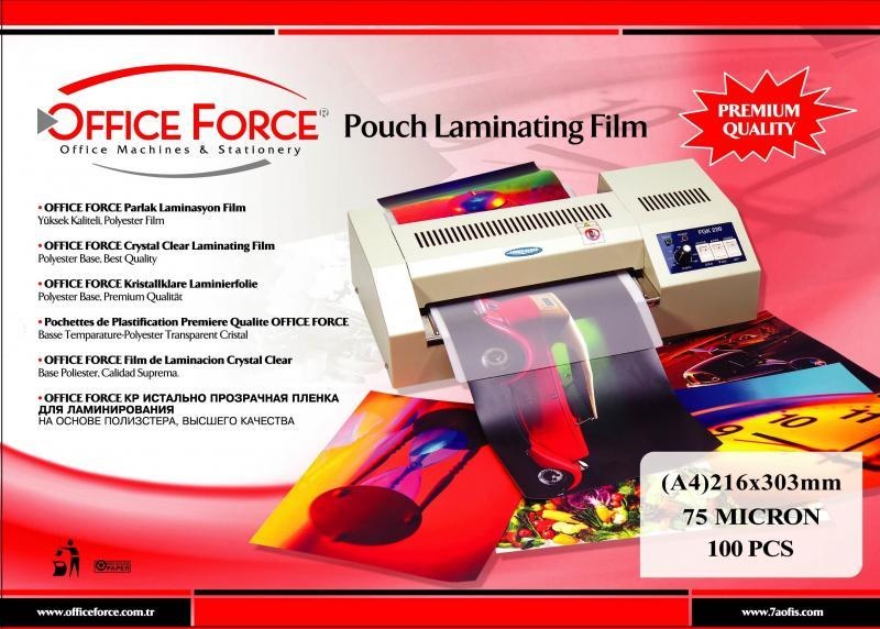 Office Force 75 Mic.a4 216x303 Parlak Laminasyon Filmi 100 Lü