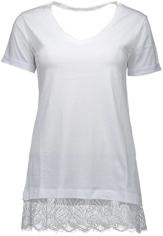 Beyaz Arka Etek Ucu Dantelli Kısa Kollu Kadın T-Shirt Beyaz